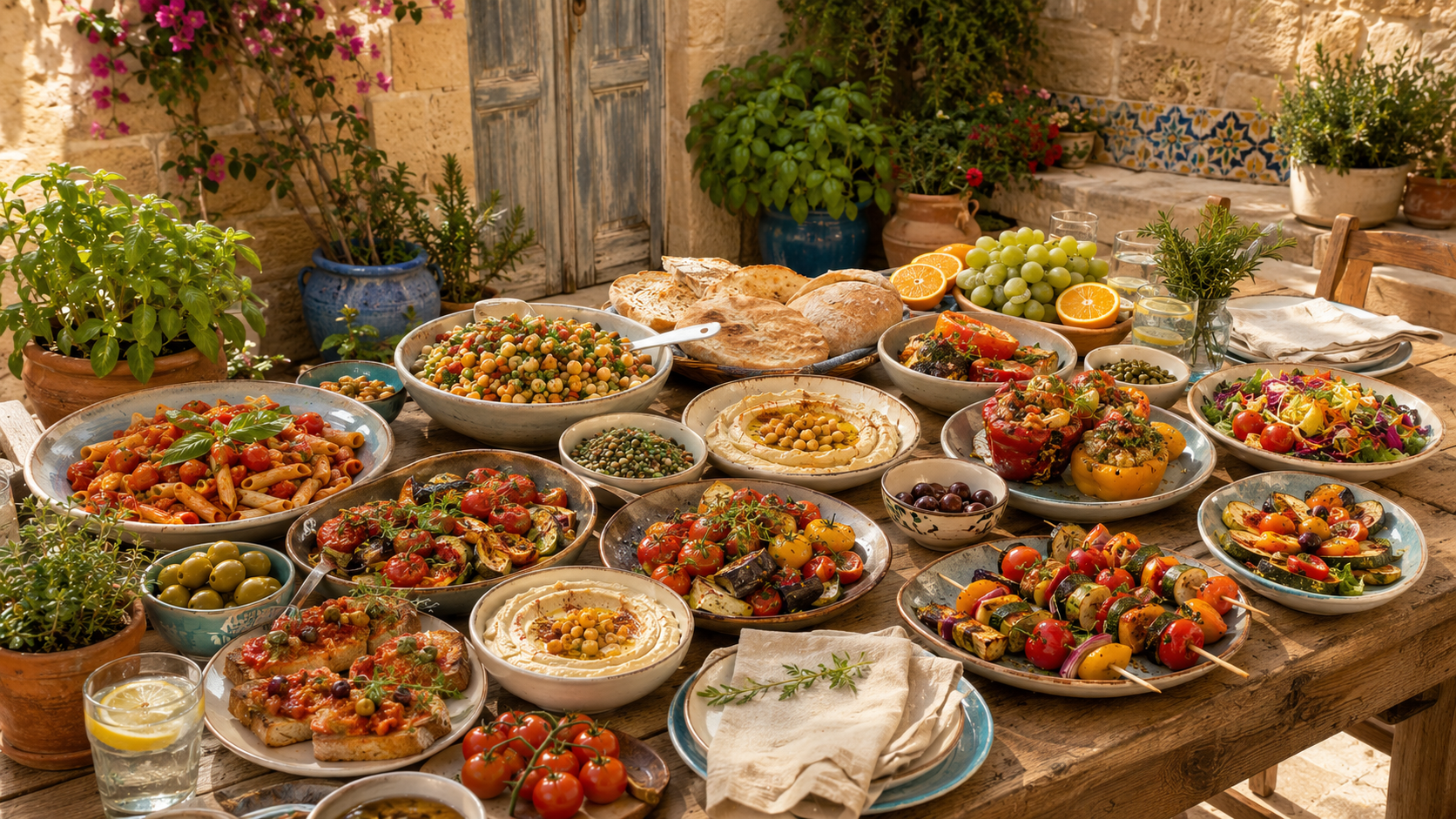 A celebration of colourful vegan dishes on a wooden table in a Maltese courtyard